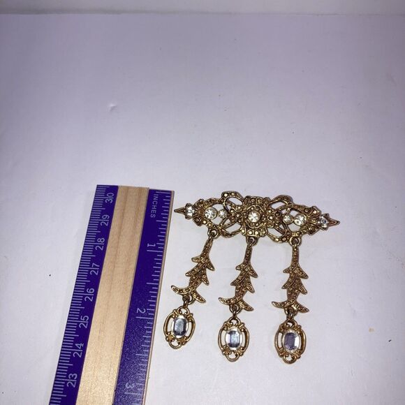 Vintage 1980s Gold Tone Jeweled Elegant Hair Women's Jewelry Dangle Brooch Pin - Picture 4 of 5